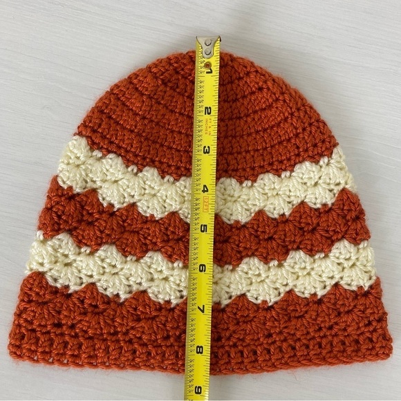 Handmade Women's Boho Slouchy Crocheted‎ Beanie Hat OS Rust Ivory Floral Bands - Picture 9 of 11
